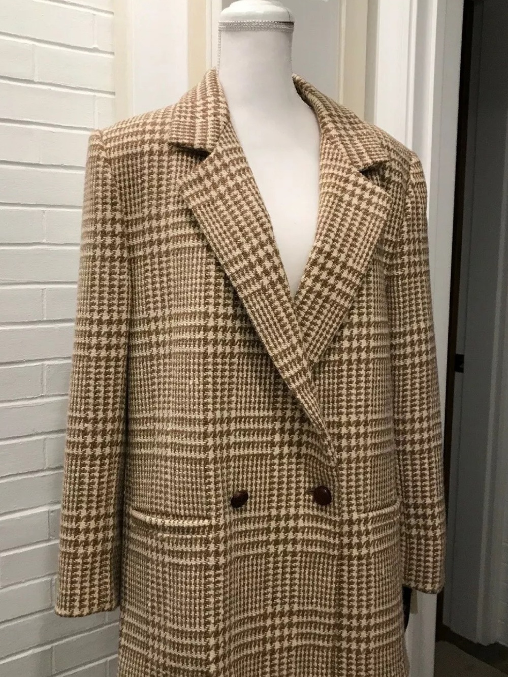Plaid Wool-Blend Blazer in Beige Brown